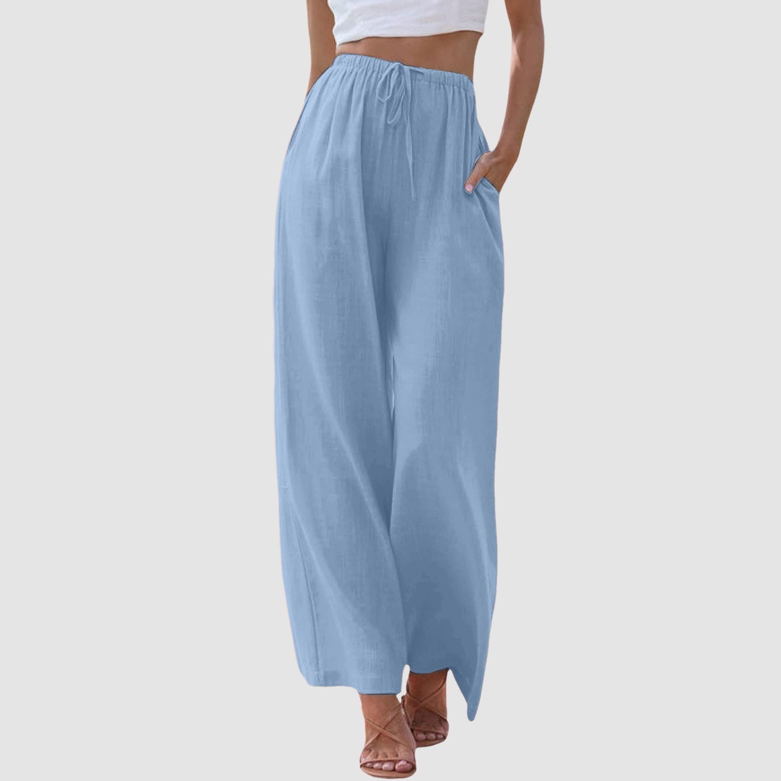 thumbnail image 2 of Pantalones palazzo de lino para mujer: cintura alta, cordón, pernera ancha, playa/casual, tallas S-XXXL, 2 of 5